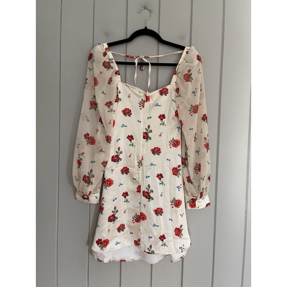 WeWoreWhat Mini Dress 2 White Red Floral Puff Sleeve Cowl Neck Satin